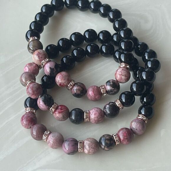 Rose coral jasper rhodonite obsidian ONE stretch bracket NEW handmade rhinestone - Picture 9 of 11